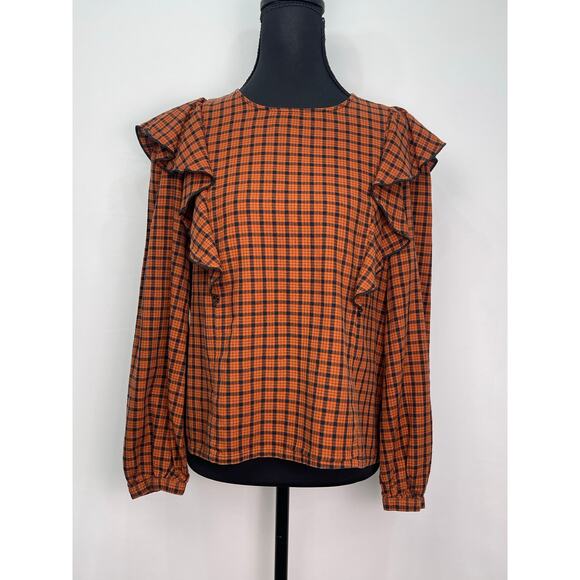 Madewell Burnt Orange & Black Plaid Ruffle Front Long Sleeve Top - Picture 1 of 8